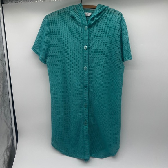 Ann Taylor Tops - Ann Taylor Teal Mesh Hooded Button Front Short Sleeve Top Womens Teal Size M
